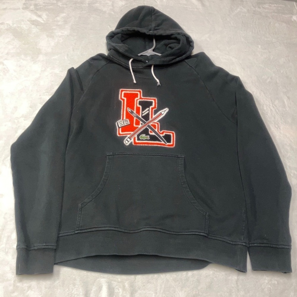 Lacoste Live Men Hoodie CHENILLE Patch Men's Size 6 / XL‎ Black Embroidered